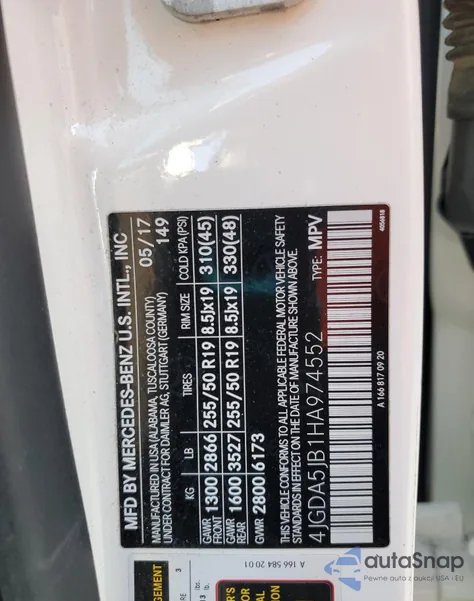 2017 Mercedes-Benz Gle 350 из США, поврежденный, VIN 4JGDA5JB1HA974552